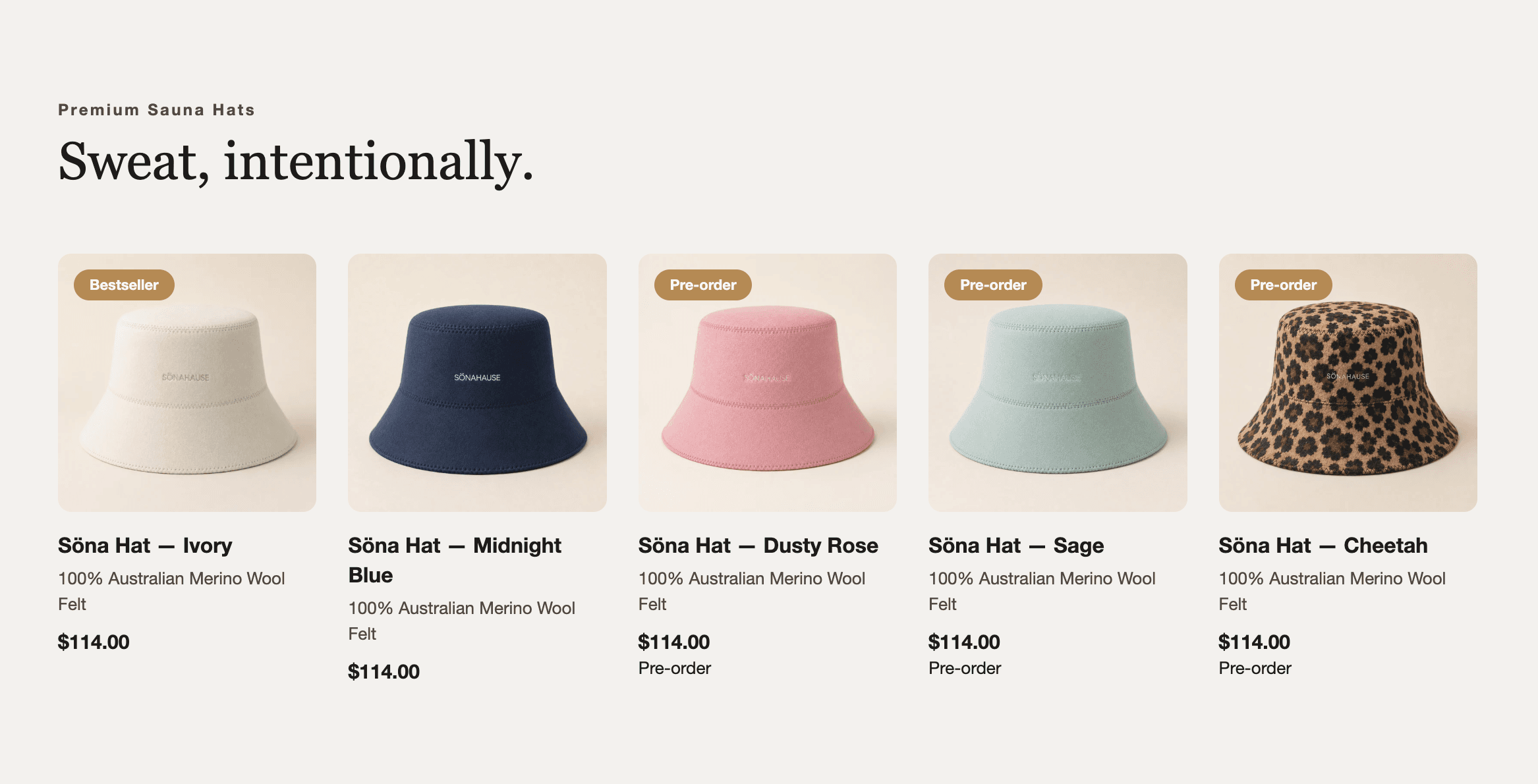 Archived SÖNAHAUSE collection page showing five merino wool sauna hat colors: Ivory, Midnight Blue, Dusty Rose, Sage, and Cheetah.
