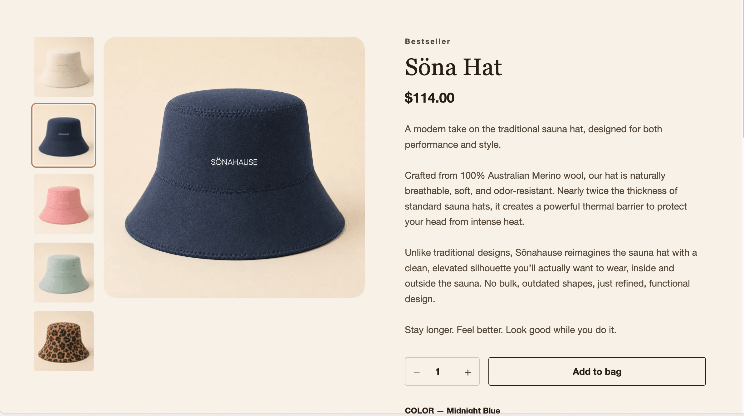 Archived SÖNAHAUSE Midnight Blue sauna hat product page with product imagery, description, and purchase controls.